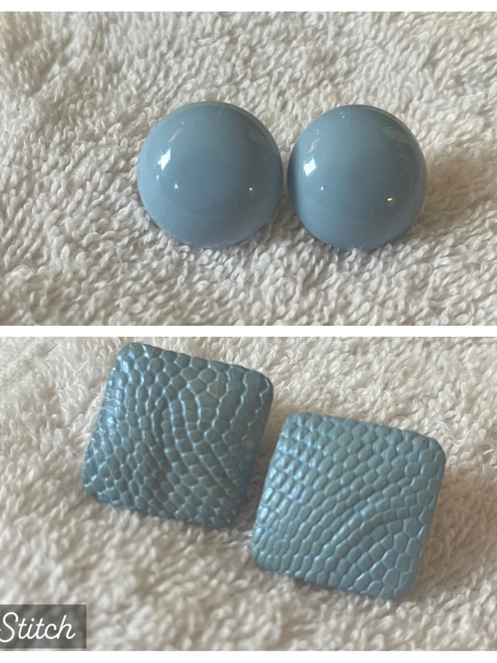 1980’s Light Blue Vintage Button Earrings - Round and Textured Square Pair